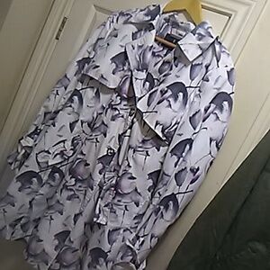 London Fog Light Off White Purple Floral Trench Coat Tye Details ELEGANT